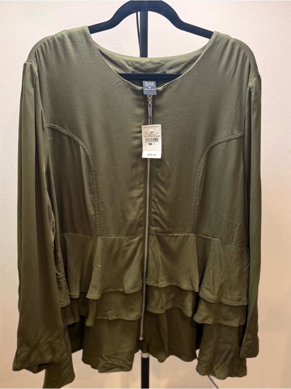 NWT Ashley Stewart Olive Tiered Ruffle‎ Lightweight Bomber Jacket Size 20